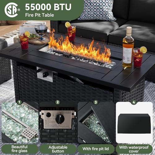 Aoxun 15 Piece Patio Furniture Set with 44” Fire Pit Table Wicker Patio Secti...