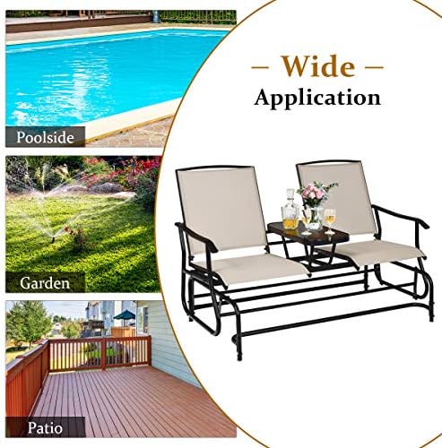 GIANTEX Patio Bench Glider Chair with Metal Frame, Center Tempered Glass Tabl...