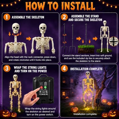 36" Solar Halloween Skeleton Decorations with Metal Stake & Warm Lights