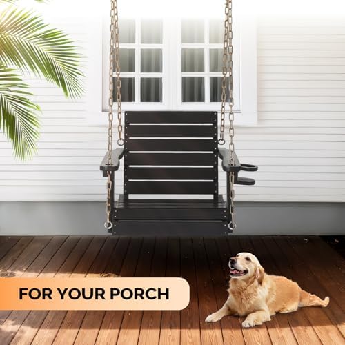 VINGLI 2.2FT HDPE Porch Swing with Cup Holder, Porch Swing Chair, Black