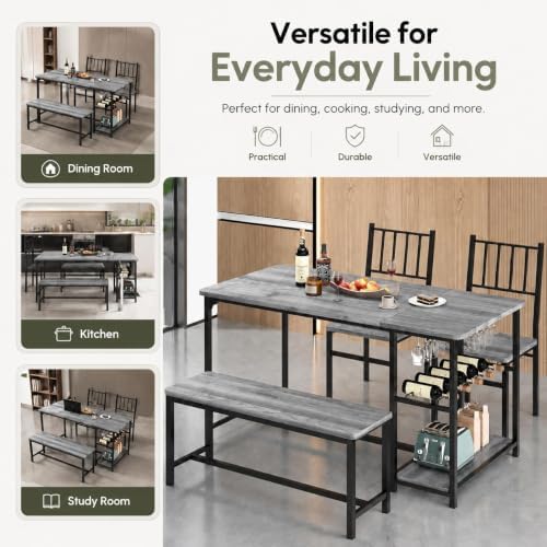 4 EVER WINNER 55-Inch Dining Table Set for 4 with Bench, Wine Rack, Grey