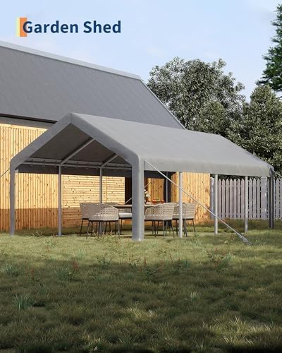 13x25 Ft Carport with 10 Sandbags, Car Port with 220g PE Tarp, 2 Roll-Up Door...