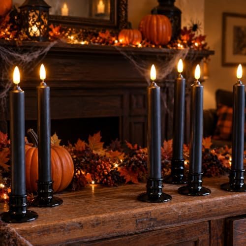 6 Pcs Halloween Black Flameless Taper Paraffin Wax Candles, Remote & Timer
