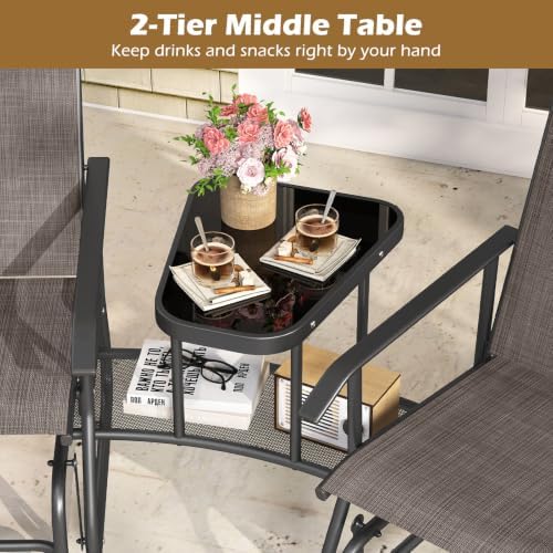 Tangkula 2-Seater Outdoor Glider Bench with 2-Tier Center Table (Brown)