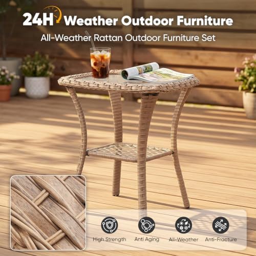 Belord Small Outdoor Side Table - 50 LBS Weight Capacity Wicker Side Table wi...