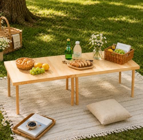 48” x 24” Boho Low Picnic Table, Foldable Solid Wood Picnic Table