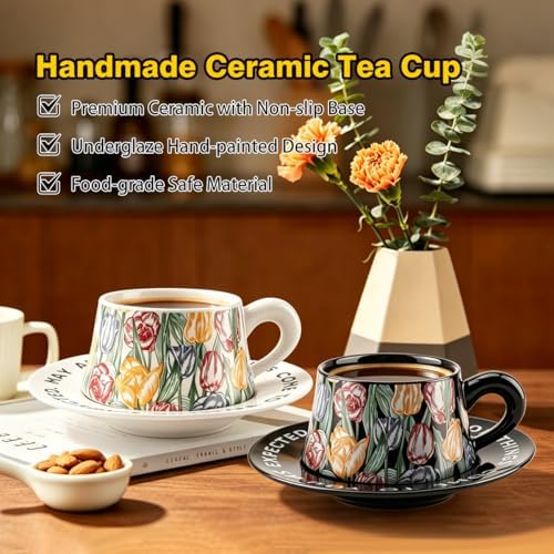 Vintage Coffee Cups and Saucers Set of 2, Black & White, 7 oz