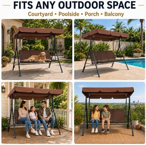 Yaheetech 3-Seat Patio Swing Chair w/Texteline Fabric Ez Setup, Dark Brown