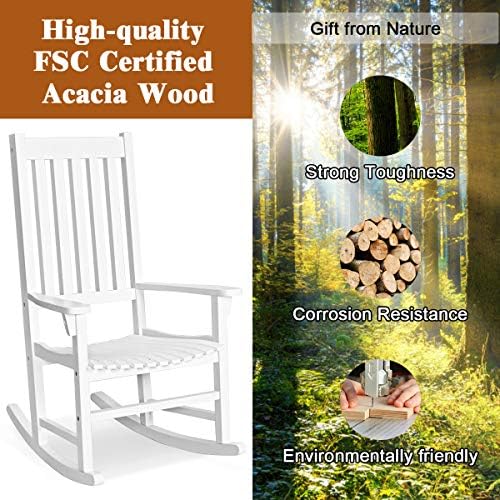 Tangkula Patio Rocking Chair, Solid Acacia Wood, White, 2 Pack