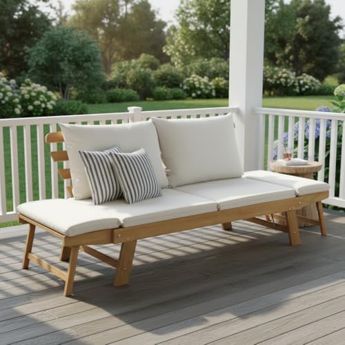 Tangkula Convertible Acacia Wood Patio Sofa Bed with Adjustable Armrest