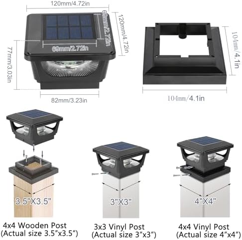 Solar Post Cap Lights for 3x3 Metal & 4x4 Vinyl/Wood Fence Posts, 6 Pack