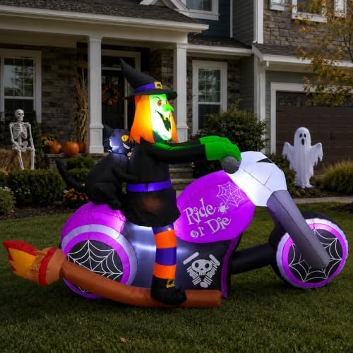 7FT Gaint Halloween Inflatables Witch on Motorcycle with Black Cat,Blow Up Ou...