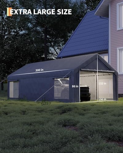 13x25 Ft Carport with 10 Sandbags, Car Port with 220g PE Tarp, 2 Roll-Up Door...