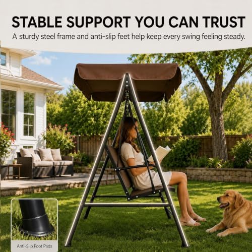Yaheetech 3-Seat Patio Swing Chair w/Texteline Fabric Ez Setup, Dark Brown