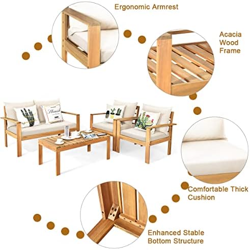 Tangkula Outdoor 4-Piece Acacia Wood Chat Set, 4 Seater Acacia Wood Conversat...