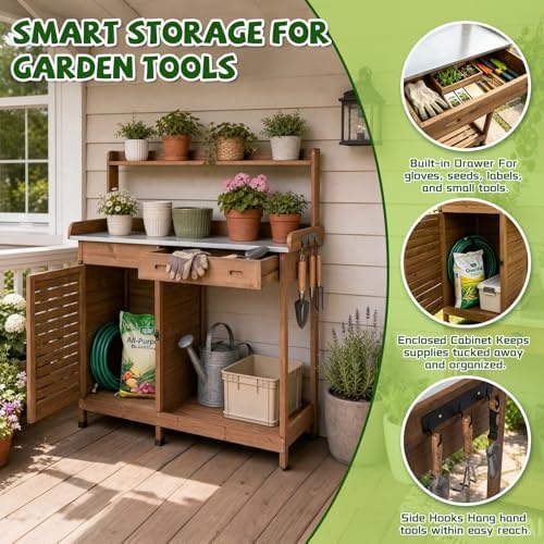 Ketive Outdoor Potting Bench with Storage, 41-Inch Metal Tabletop