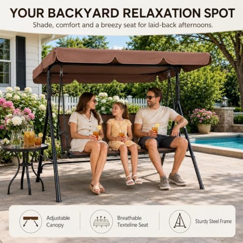 Yaheetech 3-Seat Patio Swing Chair w/Texteline Fabric Ez Setup, Dark Brown