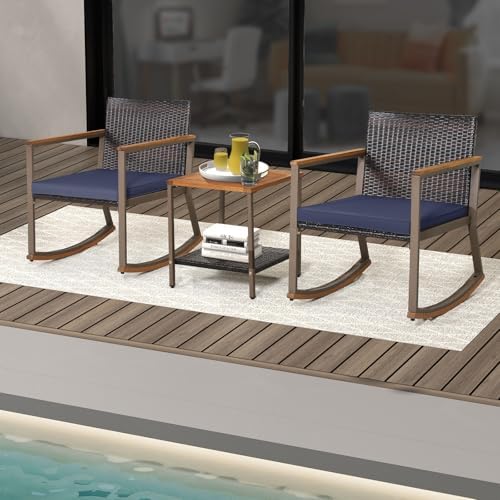 COSTWAY 3 Pieces Patio Rocking Bistro Set, Outdoor Wicker Acacia Wood Sets