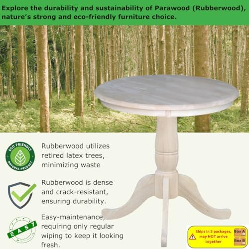 IC International Concepts, 30" Round Top Pedestal Dining Table, Solid Re...