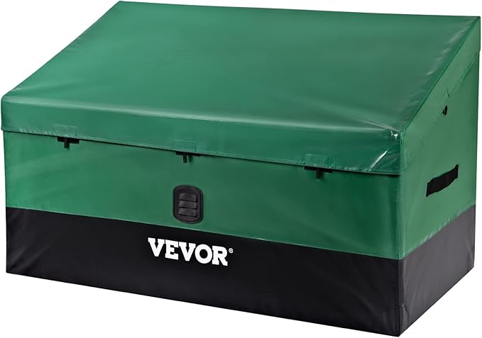 VEVOR Outdoor Storage Box, 150 Gallon Waterproof PE Tarpaulin Deck Box w/Galvanized Frame, All-Weather Protection & Portable, for Camping, Garden, Poolside, and Yard, Black & Green