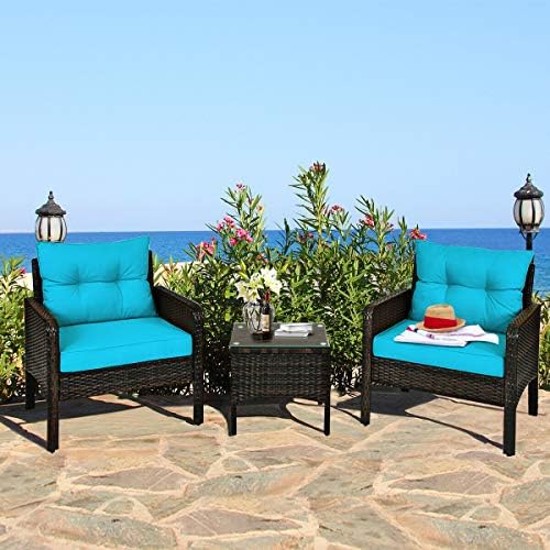 HAPPYGRILL 3 Pieces Patio Furniture Set, Outdoor Rattan Wicker Conversation S...