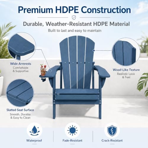 Folding Adirondack Chair with Cup Holder and Phone Holder, Heavy Duty HDPE Pl...