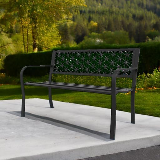 VINGLI 50" Outdoor Bench Metal with Floral Back, Garden Bench Front Porc...