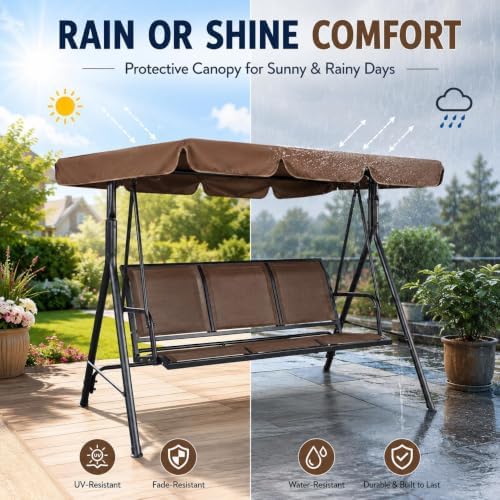 Yaheetech 3-Seat Patio Swing Chair w/Texteline Fabric Ez Setup, Dark Brown
