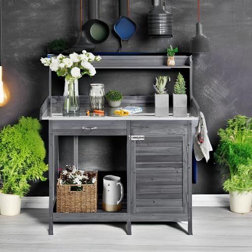 Yaheetech Outdoor Potting Bench Table, Garden Workstation w/Metal Tabletop/Ca...