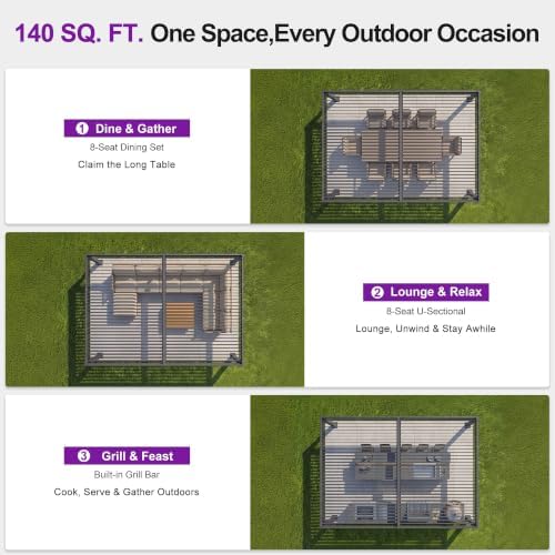 PURPLE LEAF 92KS Louvered Pergola 10' x 14' with LED Strip Lights, Gray