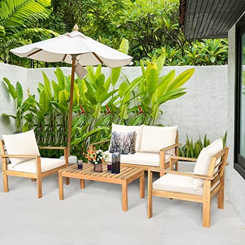 Tangkula Outdoor 4-Piece Acacia Wood Chat Set, 4 Seater Acacia Wood Conversat...