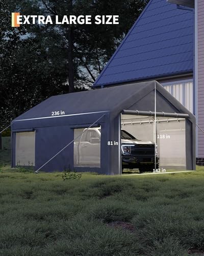12x20 FT Heavy Duty Carport Canopy with Sidewalls, Grey