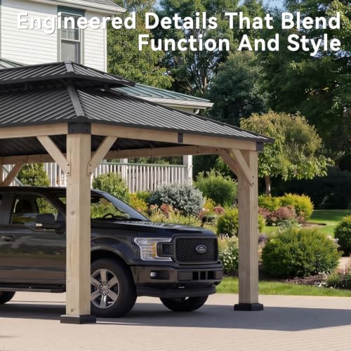 Aoxun 12x16 FT Heavy Duty Cedar Wood Carport, Double Galvanized Steel Roof