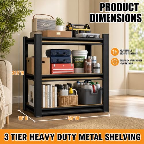 Heavy Duty Garage Shelving 3 Tier, 31.5" H × 34" W × 18" D
