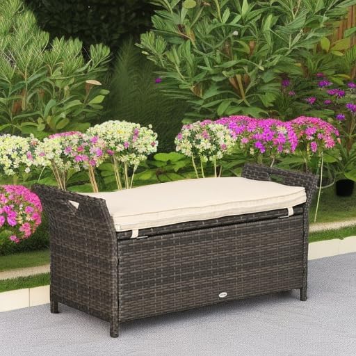 Outsunny 29 Gallon Patio Wicker Storage Bench Outdoor PE Rattan Cream White