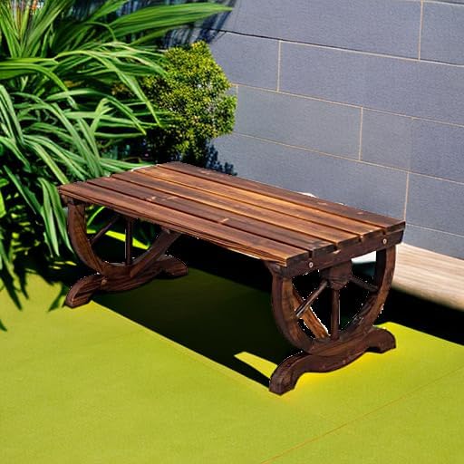 Outvita Wooden Garden Bench, Outdoor Rustic Wagon Wheel Bench