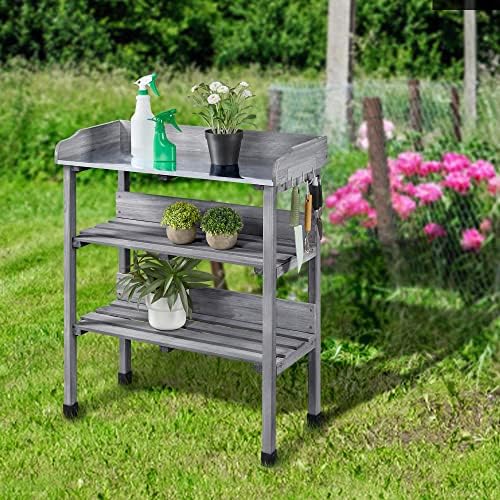 Yaheetech Potting Bench Outdoor Console Table w/3-Tier Storage,Gray