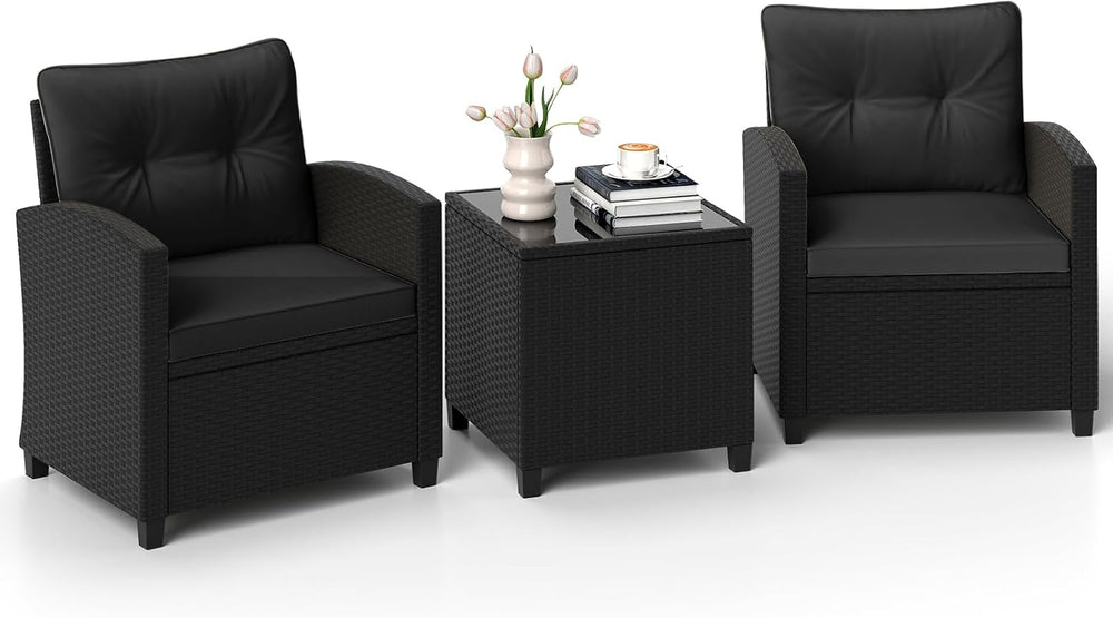 ORALNER 3 Pieces Patio Furniture Set, Black Wicker Bistro Set (Black)