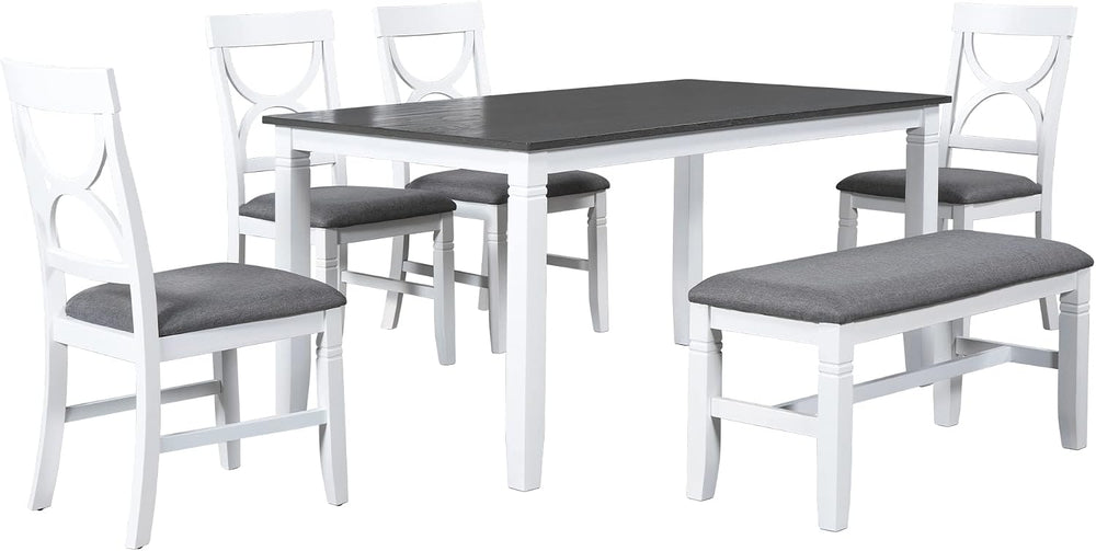 LUMISOL 6 Piece Farmhouse Dining Table Set with Bench for 6, White+Gray