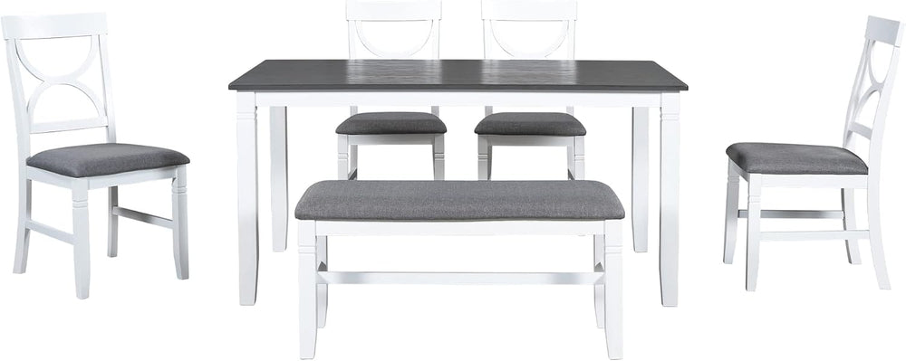 LUMISOL 6 Piece Farmhouse Dining Table Set with Bench for 6, White+Gray