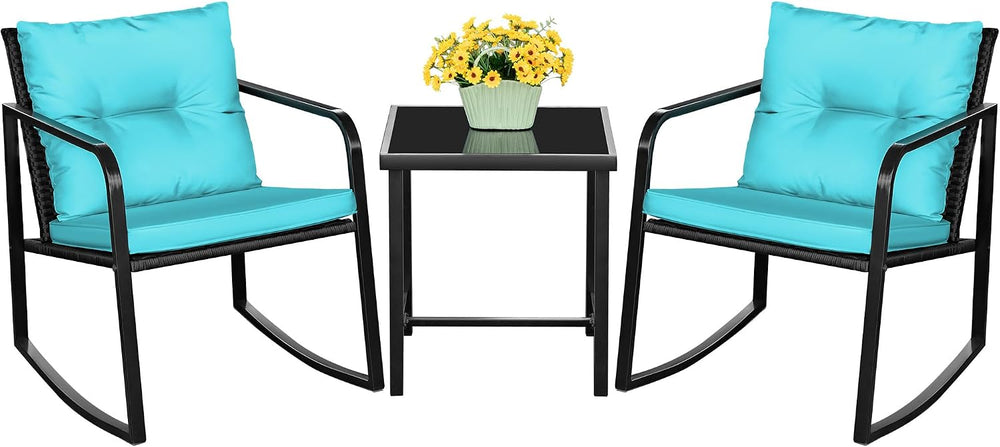 Devoko 3 Pieces Patio Furniture Set Wicker Outdoor Rocking Chair, Blue