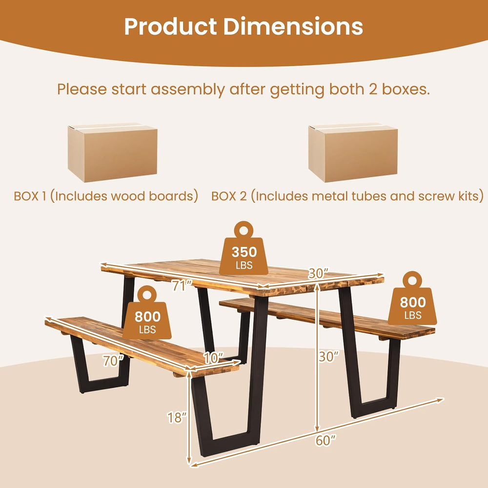 GIANTEX 71" Picnic Table Bench Set for 6-8, Acacia Wood Outdoor Dining T...