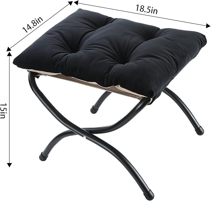 15" Foldable Foot Stool Ottoman with Metal Frame - Washable Black Uphols...