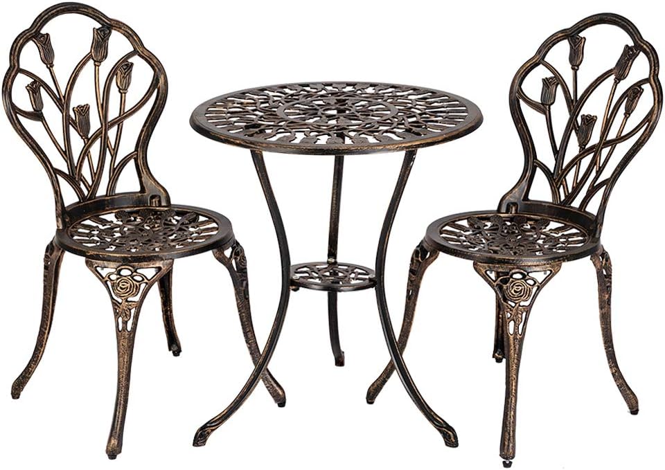 Bonnlo 3-Piece Bistro Set for 2, Cast Aluminum Garden Bistro Set with Umbrell...