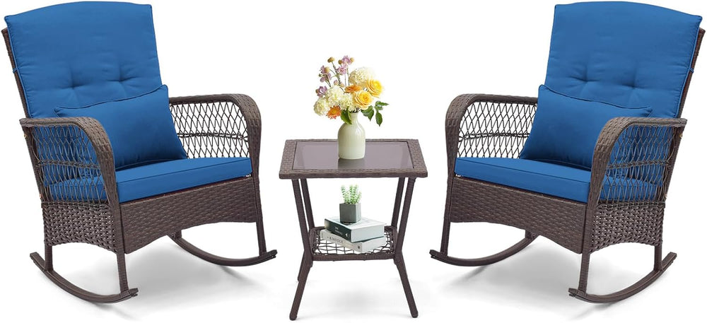 ORALNER 3 Pieces Patio Rocking Chair Set, Wicker Bistro Set (Navy)