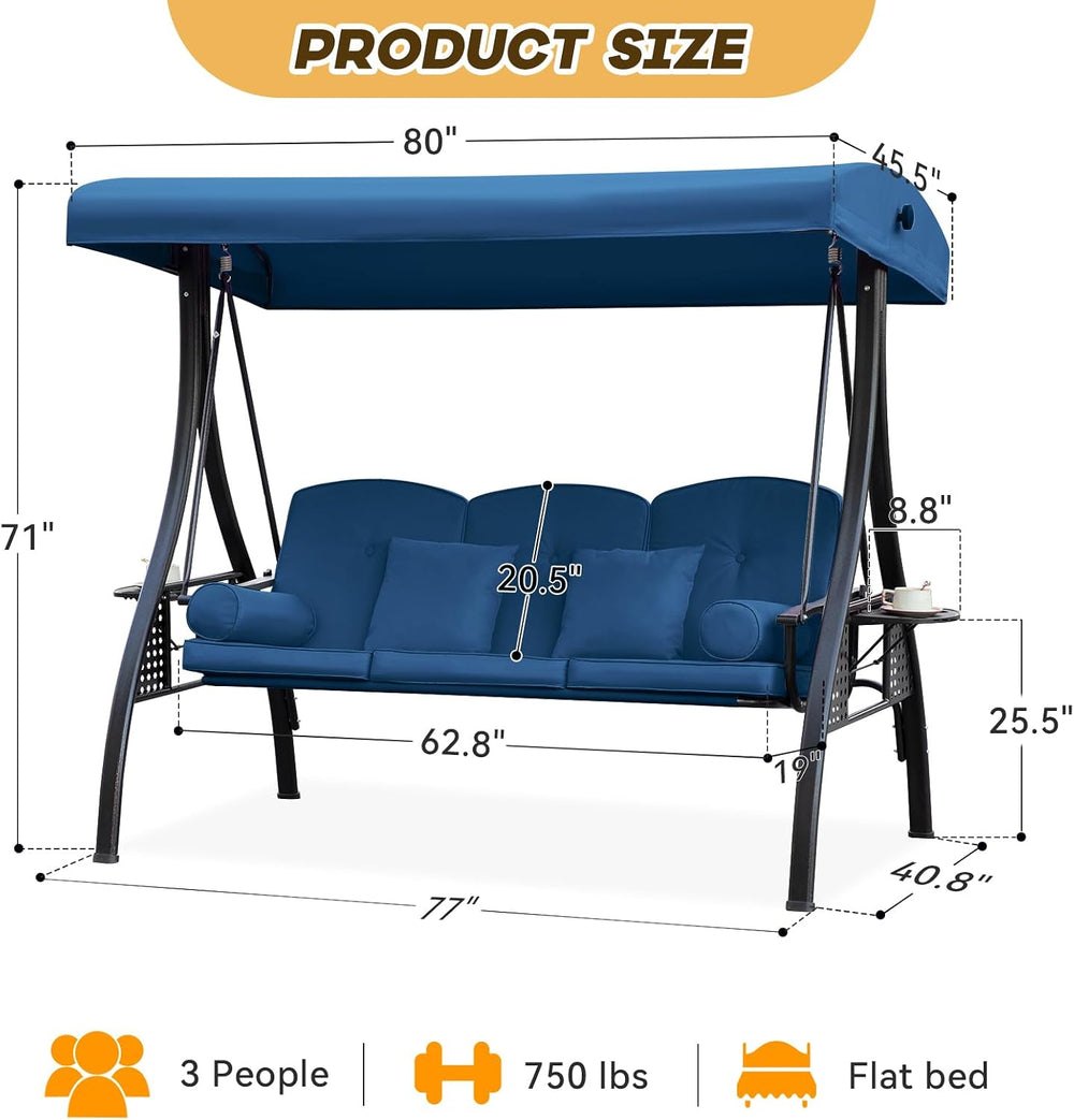 3 in 1 Outdoor Porch Swing with Adjustable Canopy, 3 Seat Outdoor Swing for A...