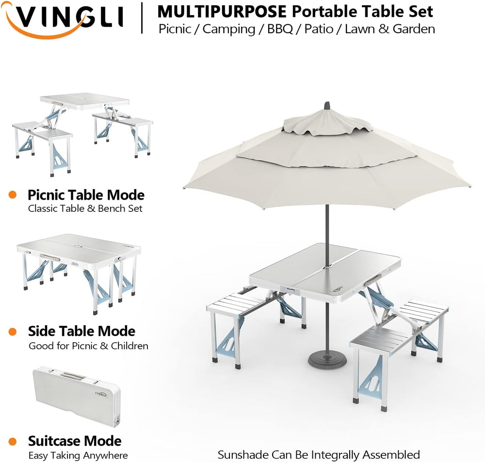 VINGLI 4Ft Folding Camping Picnic Table with Seats/Umbrella Hole-265 Lbs Supp...