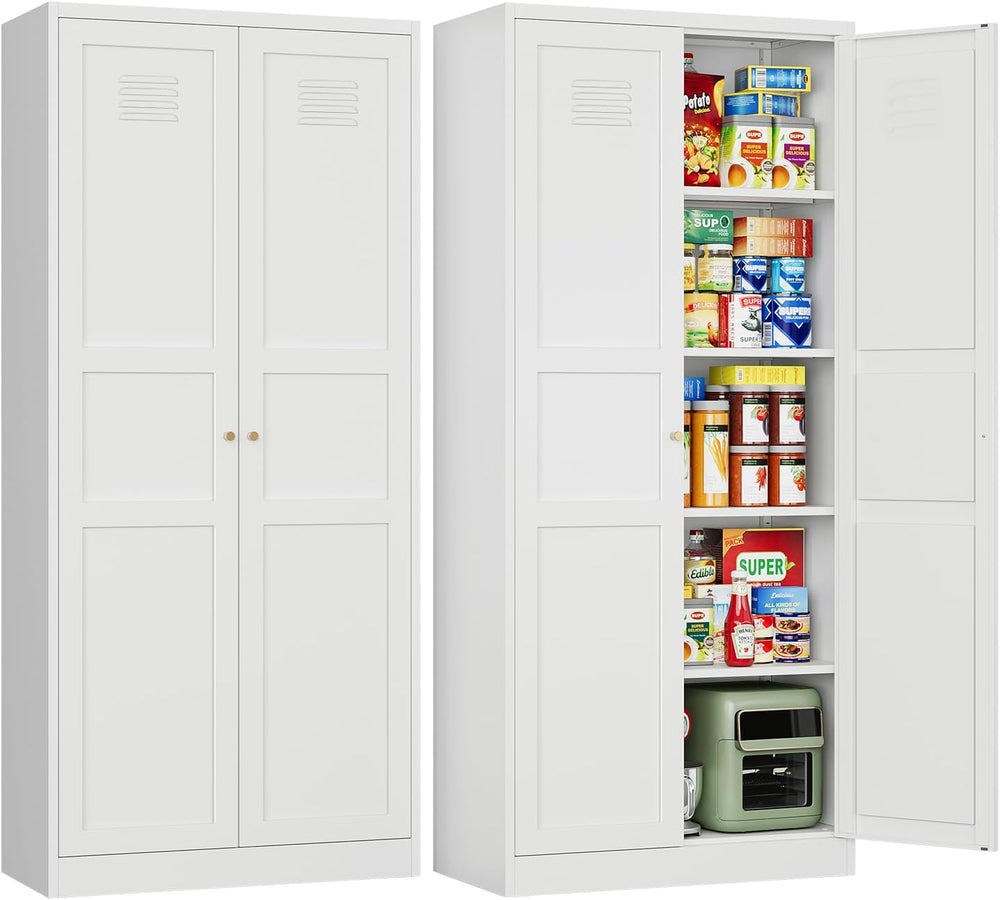 White Storage Cabinet with Adjustable Shelves-Metal Home Kitchen Pantry Cabin...