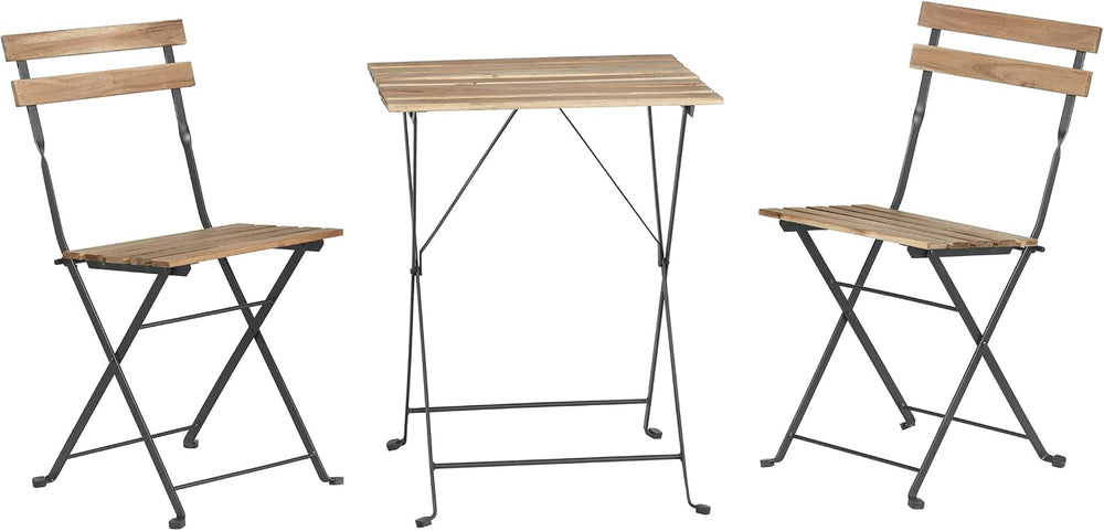 Folding Patio Bistro Set – 3-Piece Acacia Wood and Steel Café Table and Chair...