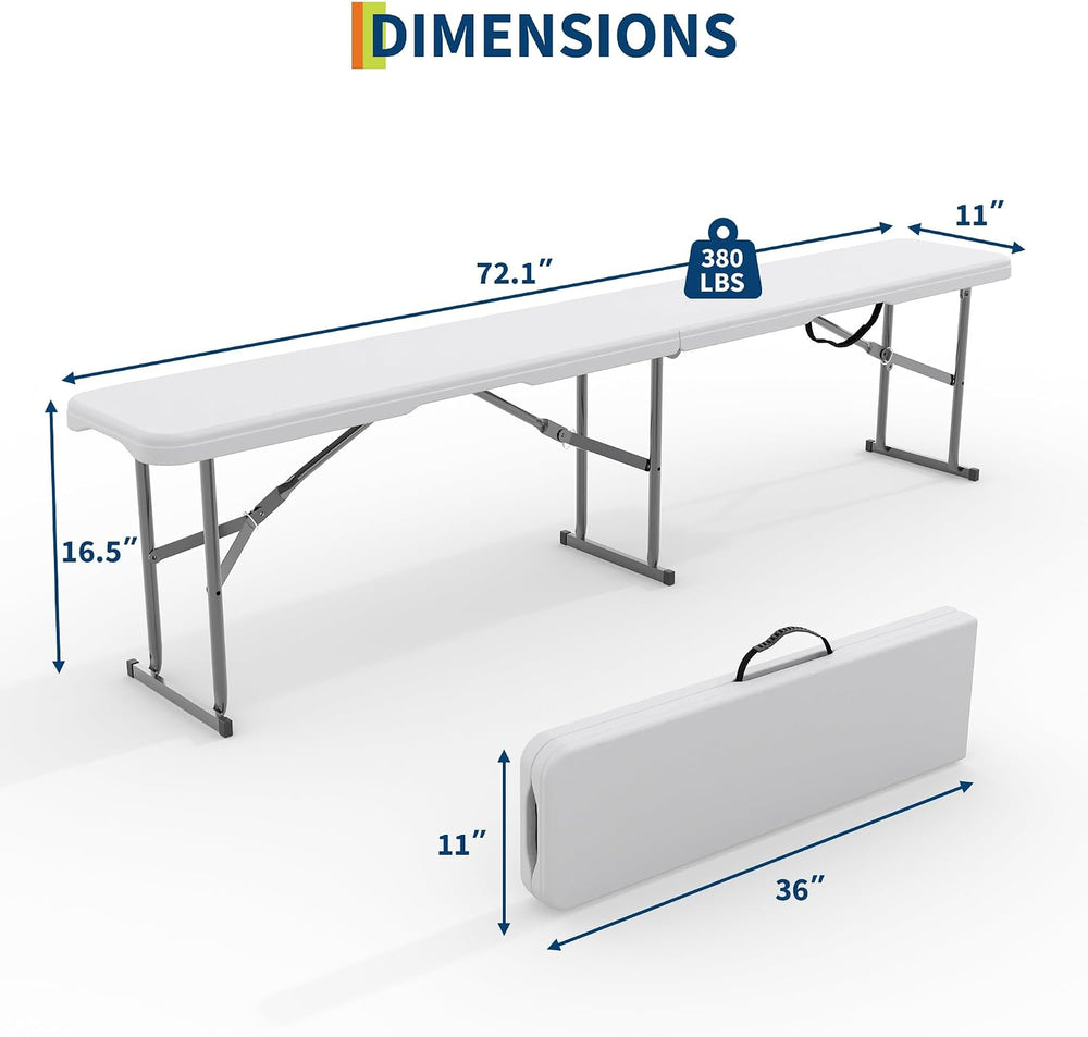 Portable Folding Bench 6 Foot, Plastic Foldable Bench, 2 Pack, White
